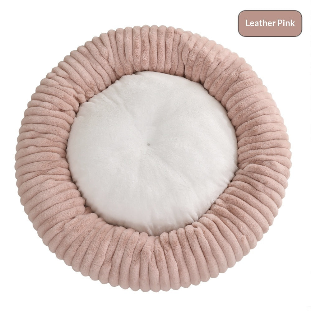 KFX-3295165 Soft Striped Plush Round Pet Bed for Cats and Small Dogs