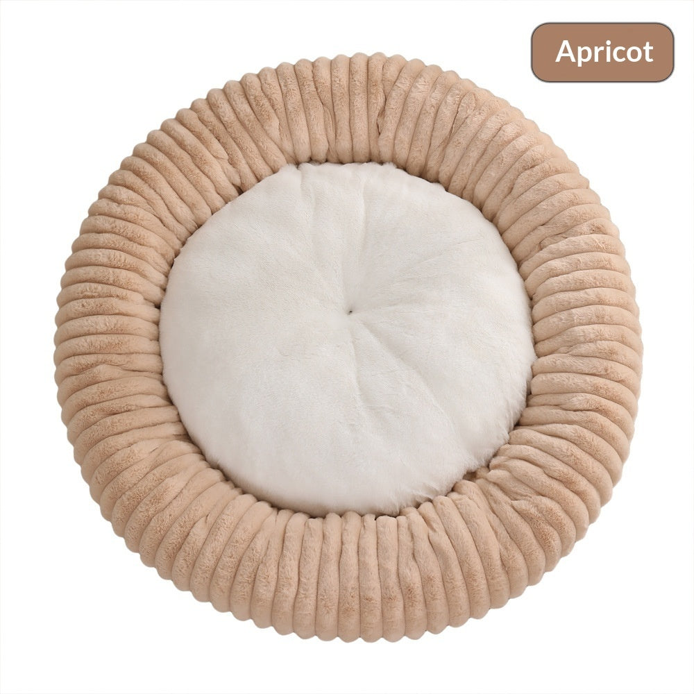 KFX-3295165 Soft Striped Plush Round Pet Bed for Cats and Small Dogs