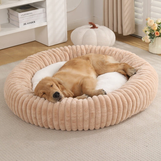 KFX-3295165 Soft Striped Plush Round Pet Bed for Cats and Small Dogs