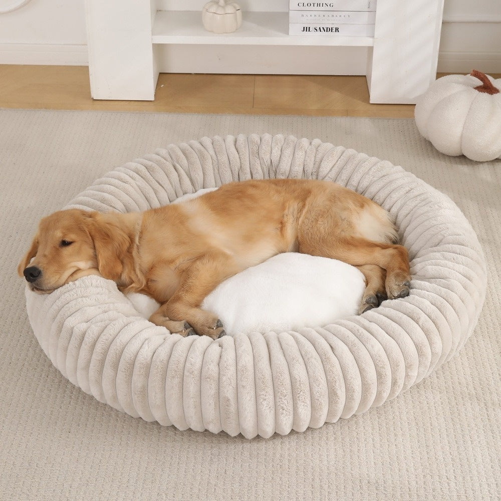 KFX-3295165 Soft Striped Plush Round Pet Bed for Cats and Small Dogs