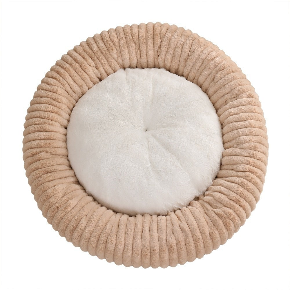 KFX-3295165 Soft Striped Plush Round Pet Bed for Cats and Small Dogs