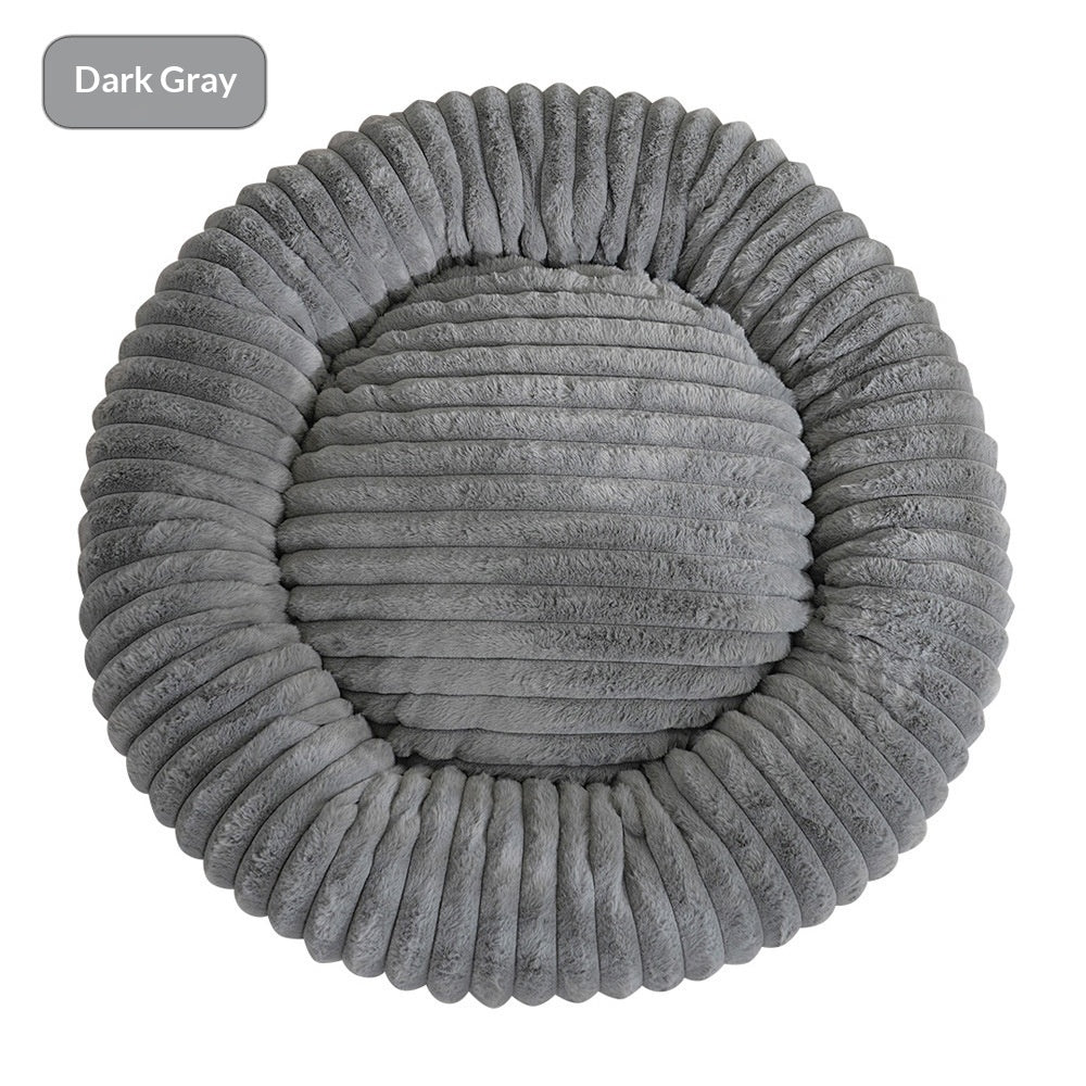 KFX-3295165 Soft Striped Plush Round Pet Bed for Cats and Small Dogs
