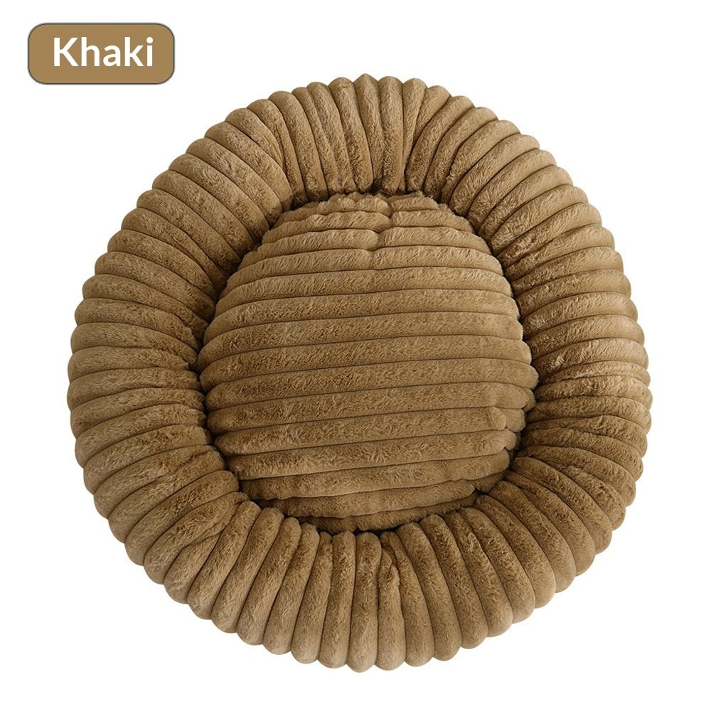 KFX-3295165 Soft Striped Plush Round Pet Bed for Cats and Small Dogs