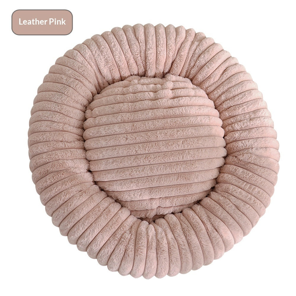 KFX-3295165 Soft Striped Plush Round Pet Bed for Cats and Small Dogs