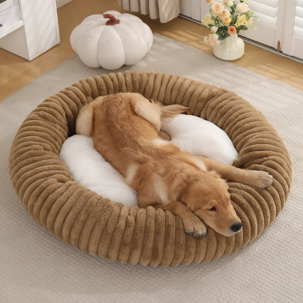 KFX-3295165 Soft Striped Plush Round Pet Bed for Cats and Small Dogs