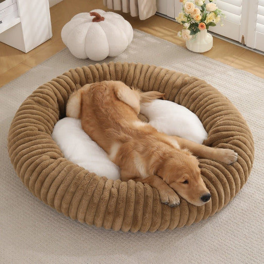 KFX-3295165 Soft Striped Plush Round Pet Bed for Cats and Small Dogs