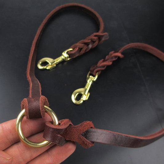 KFX-3298877 Cowhide Leather Double Hook Traction Rope for Two Dogs - 70CM Length, Soft and Durable Design