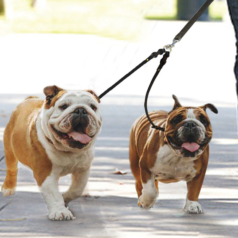 KFX-3298877 Cowhide Leather Double Hook Traction Rope for Two Dogs - 70CM Length, Soft and Durable Design