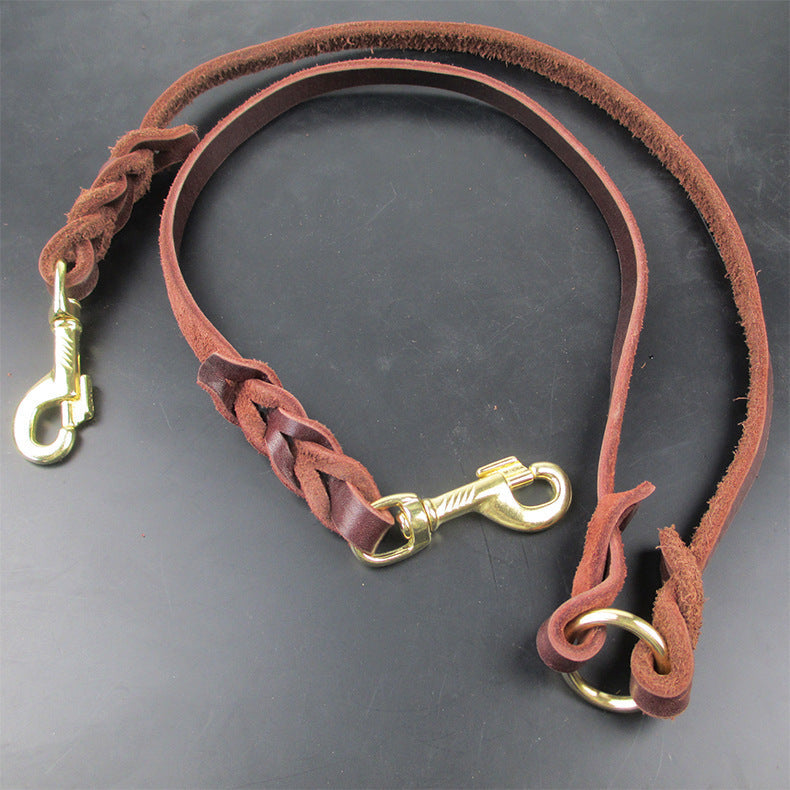 KFX-3298877 Cowhide Leather Double Hook Traction Rope for Two Dogs - 70CM Length, Soft and Durable Design
