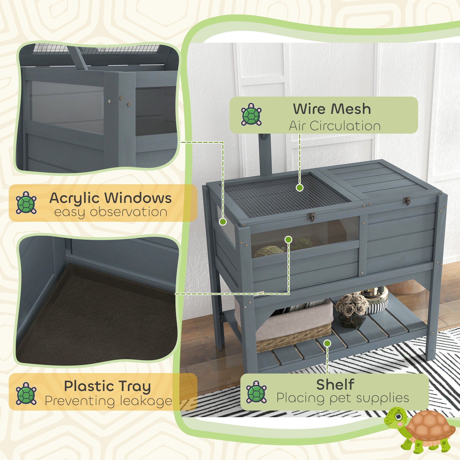 KFX-3308477 Gray Tortoise Habitat with Storage Shelf and Weather Protection for Indoor Use