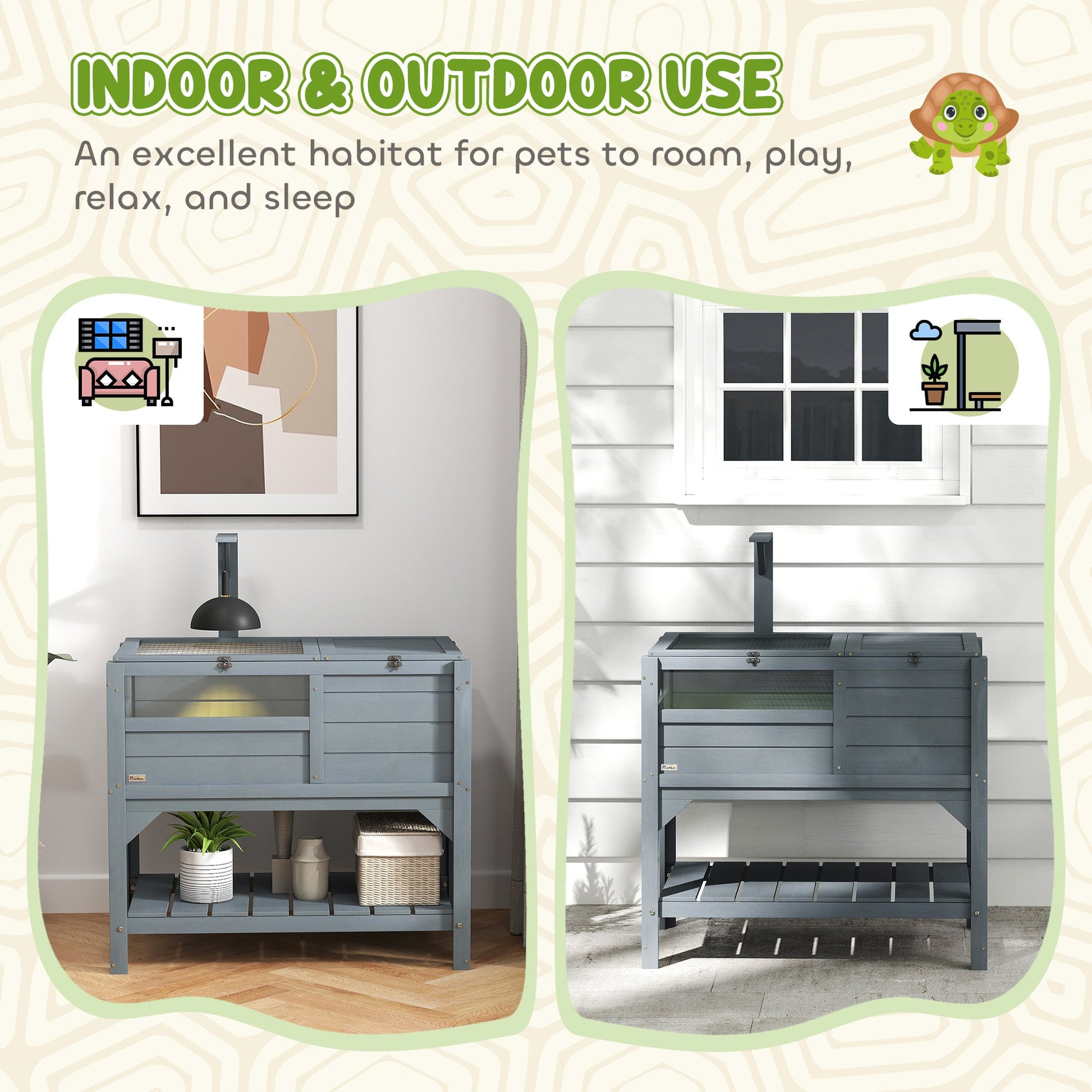 KFX-3308477 Gray Tortoise Habitat with Storage Shelf and Weather Protection for Indoor Use