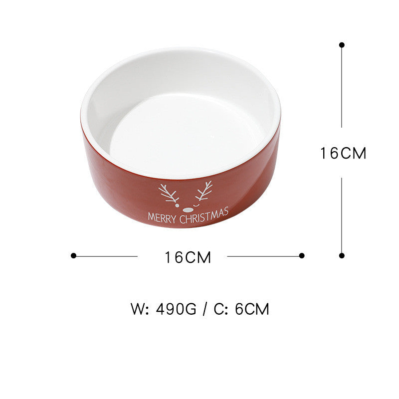 KFX-3316541 Cat Ear Shaped Ceramic Bowl in Christmas Fawn Maroon and Blue, Snowman and Christmas Tree Designs