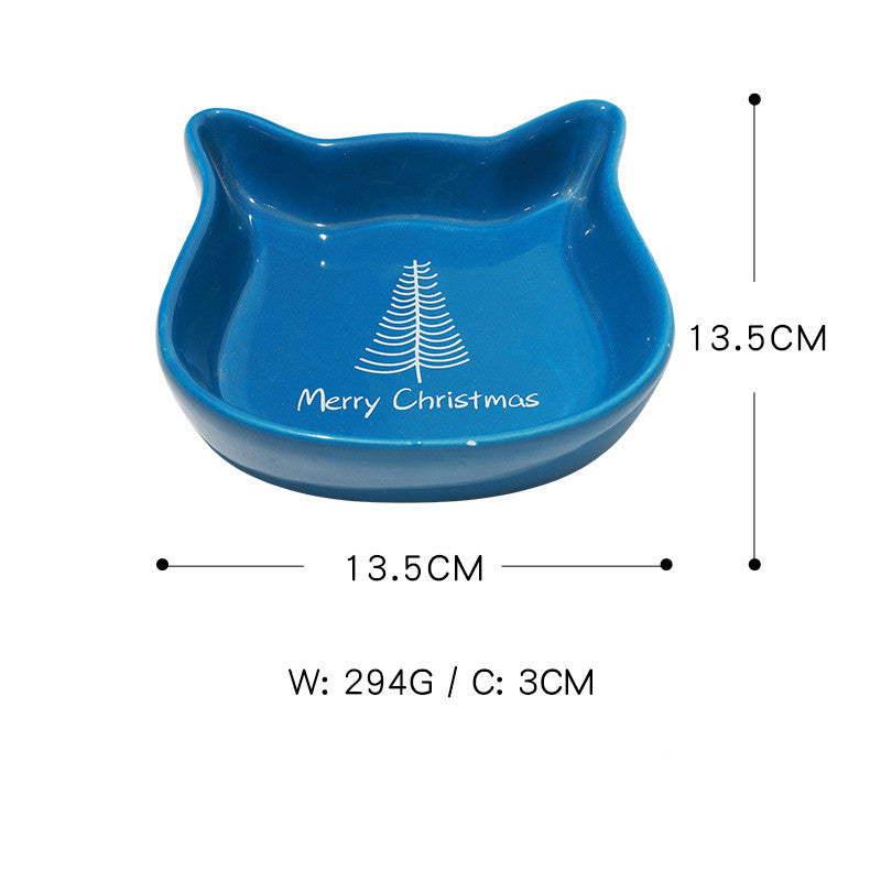 KFX-3316541 Cat Ear Shaped Ceramic Bowl in Christmas Fawn Maroon and Blue, Snowman and Christmas Tree Designs