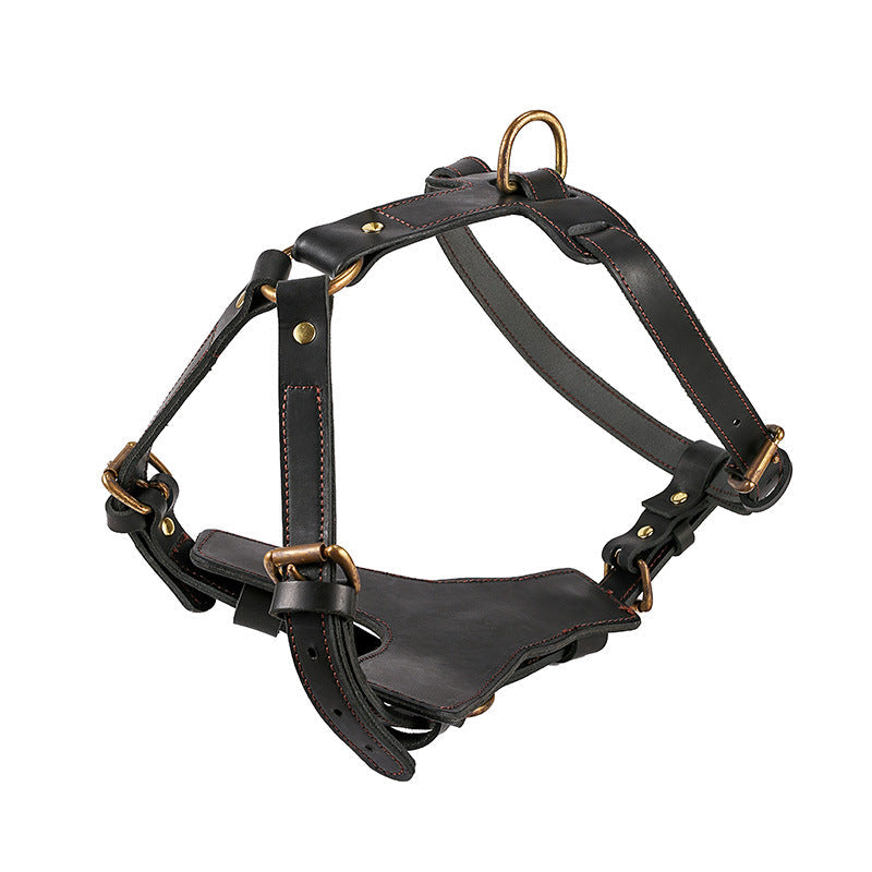 KFX-3319613 Cowhide Leather Dog Chest Harness with Automatic Traction Rope - Sizes for East German Doberman and Casro Dogo