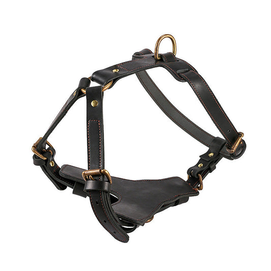 KFX-3319613 Cowhide Leather Dog Chest Harness with Automatic Traction Rope - Sizes for East German Doberman and Casro Dogo