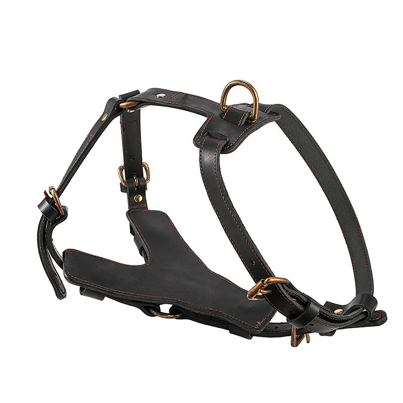KFX-3319613 Cowhide Leather Dog Chest Harness with Automatic Traction Rope - Sizes for East German Doberman and Casro Dogo