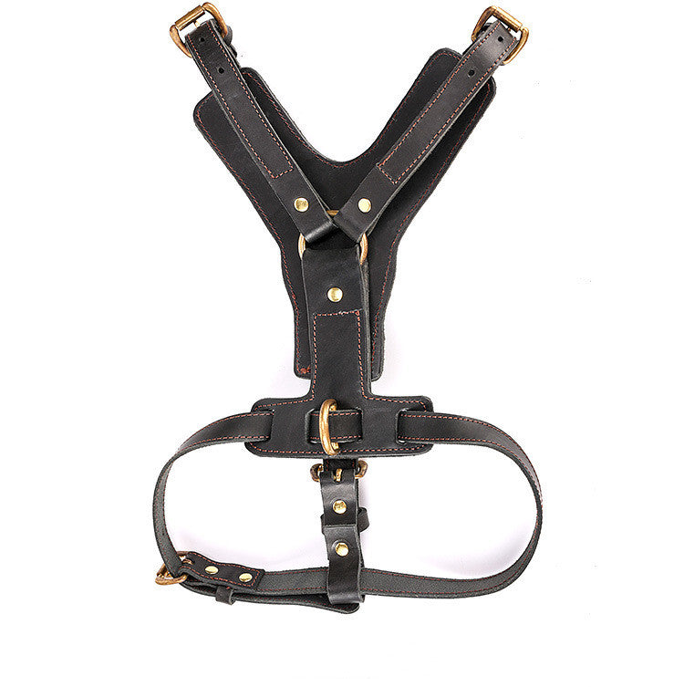 KFX-3319613 Cowhide Leather Dog Chest Harness with Automatic Traction Rope - Sizes for East German Doberman and Casro Dogo