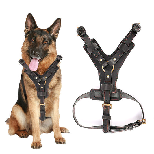 KFX-3319613 Cowhide Leather Dog Chest Harness with Automatic Traction Rope - Sizes for East German Doberman and Casro Dogo
