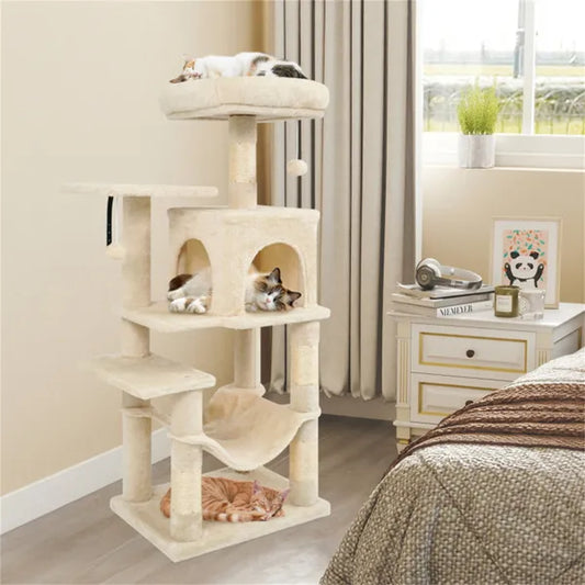 KFX-3319997 Multi-Level Cat Tree with Spacious Perch, Condo, and Hammock for Indoor Cats - Beige