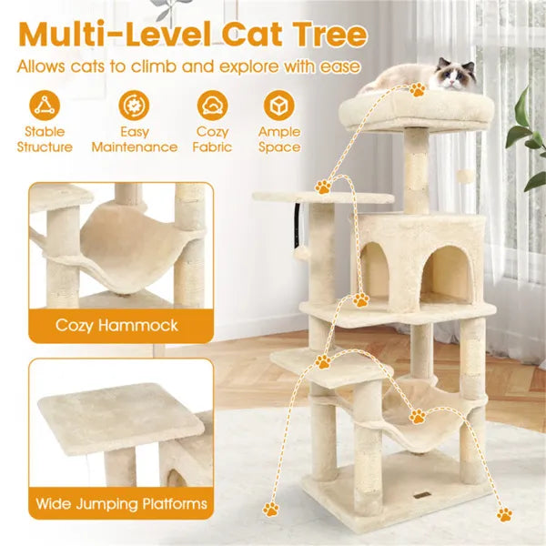 KFX-3319997 Multi-Level Cat Tree with Spacious Perch, Condo, and Hammock for Indoor Cats - Beige