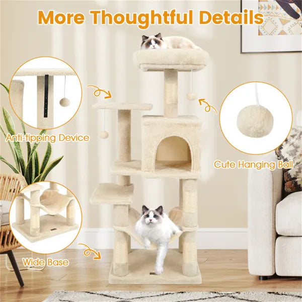 KFX-3319997 Multi-Level Cat Tree with Spacious Perch, Condo, and Hammock for Indoor Cats - Beige