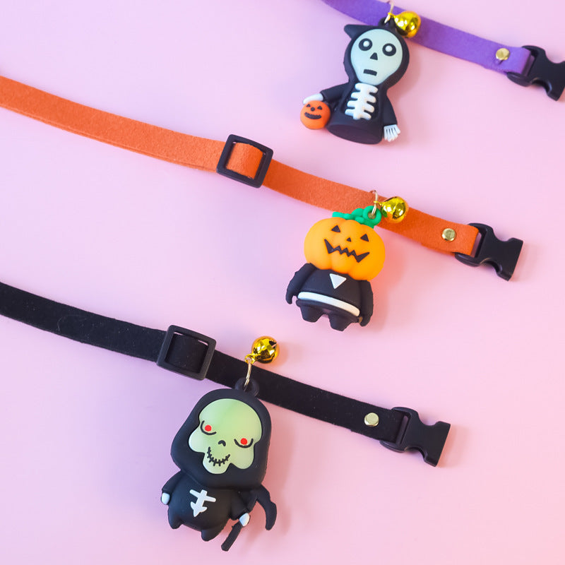 KFX-3322301 Halloween Themed Pet Collar Decoration - Cartoon Pumpkin Man, Luminous Skull, XS-L Sizes Available