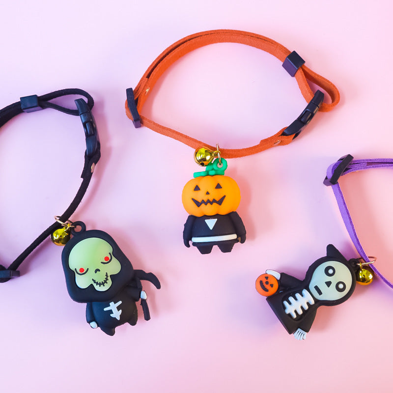 KFX-3322301 Halloween Themed Pet Collar Decoration - Cartoon Pumpkin Man, Luminous Skull, XS-L Sizes Available
