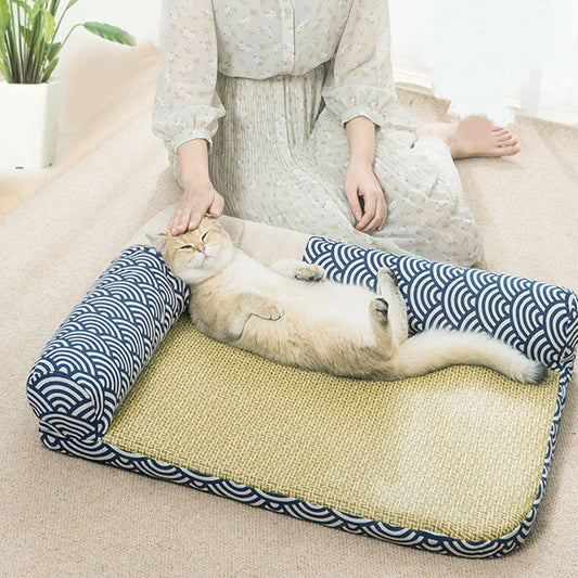 KFX-3330109 Stylish Summer Pet Nest Mat with Straw Weaving and Zen Design for Cats and Small Dogs