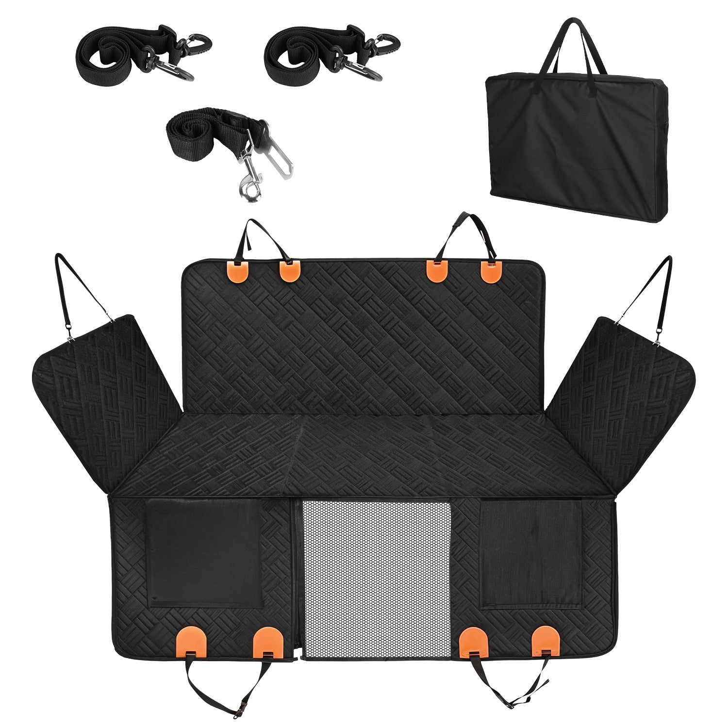 KFX-3330877 Waterproof Dog Car Seat Cover with Hammock Design, Non-Slip Oxford Fabric, Storage Bag & Mesh Window for SUVs and Trucks