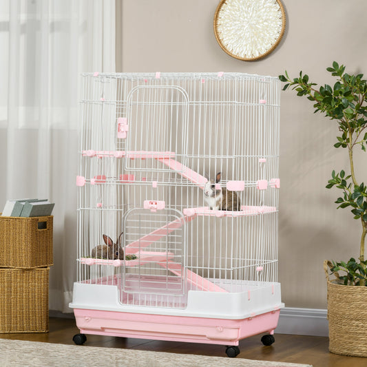 KFX-3335485 32"L 4-Level Small Animal Cage with Wheels and Slide-out Tray for Rabbits, Chinchillas, and Ferrets - Pink