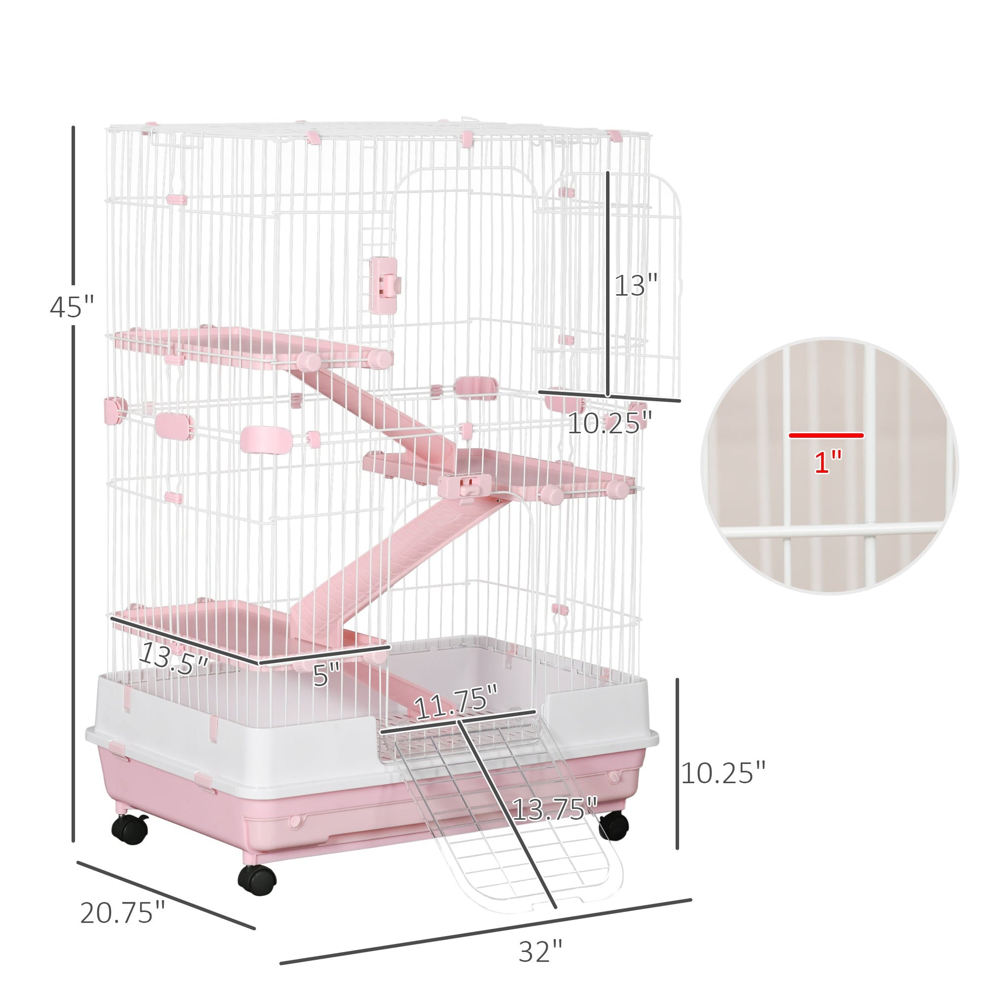 KFX-3335485 32"L 4-Level Small Animal Cage with Wheels and Slide-out Tray for Rabbits, Chinchillas, and Ferrets - Pink