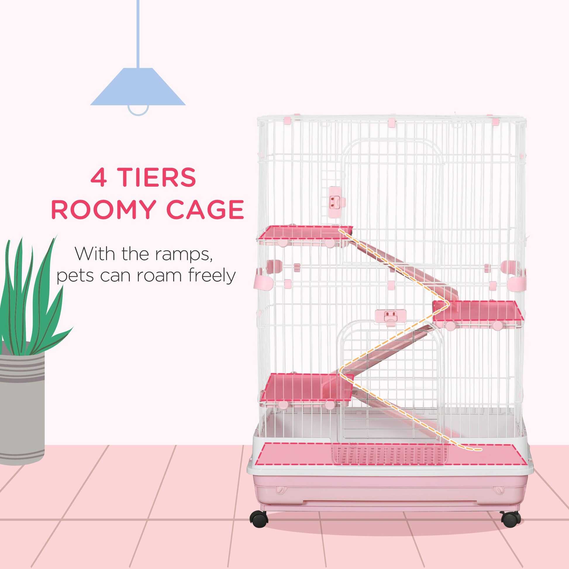 KFX-3335485 32"L 4-Level Small Animal Cage with Wheels and Slide-out Tray for Rabbits, Chinchillas, and Ferrets - Pink