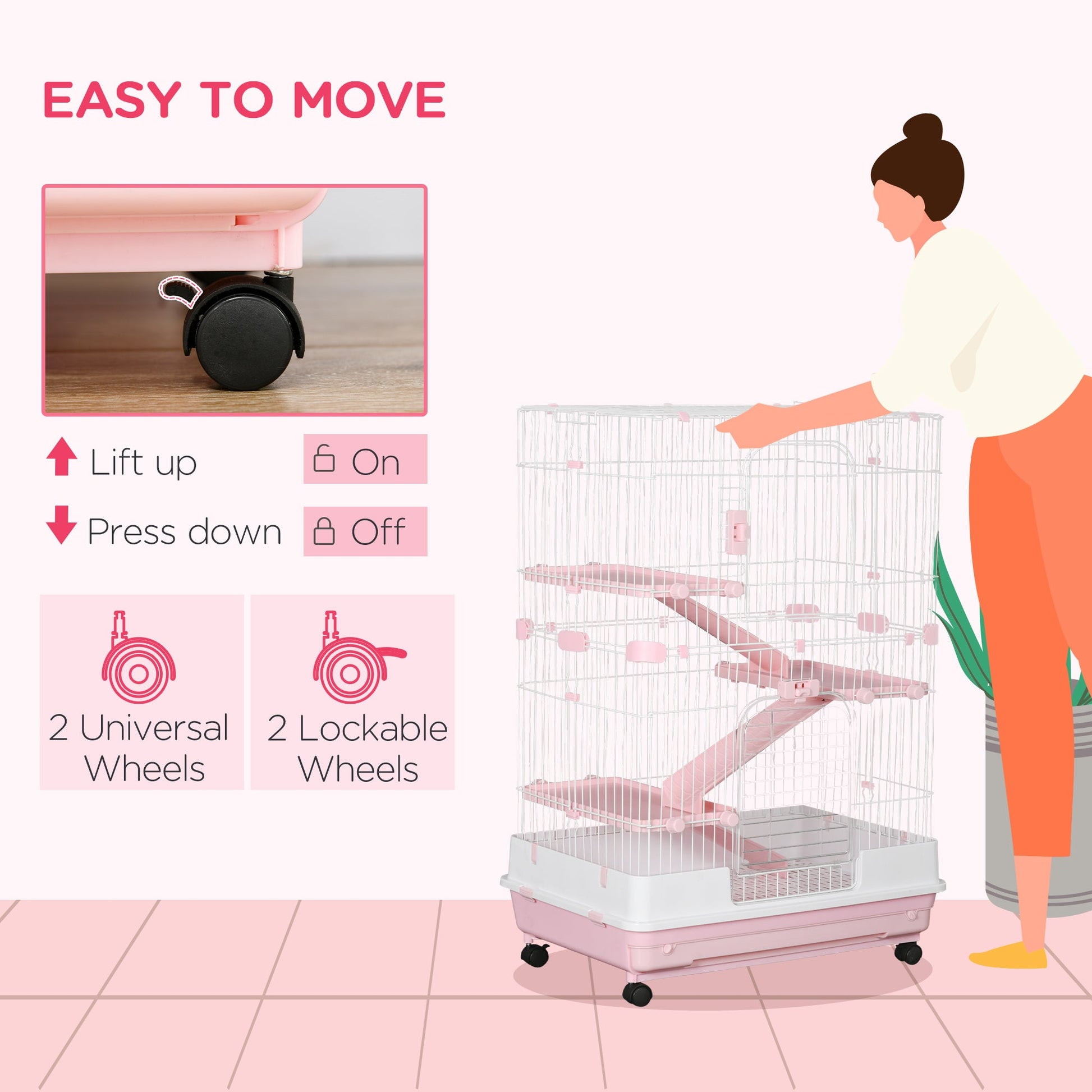 KFX-3335485 32"L 4-Level Small Animal Cage with Wheels and Slide-out Tray for Rabbits, Chinchillas, and Ferrets - Pink