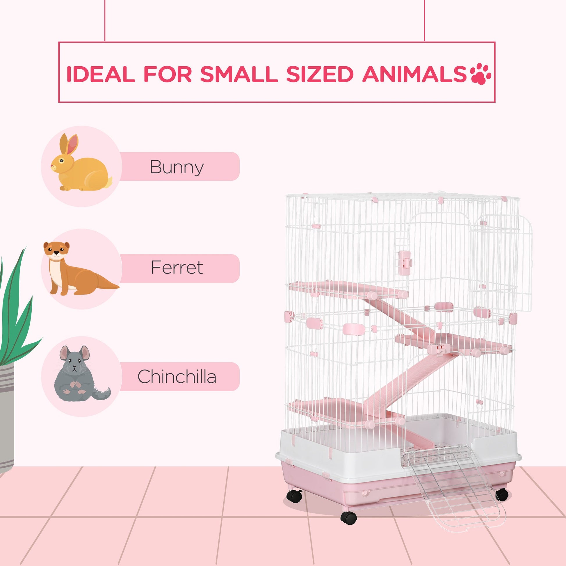 KFX-3335485 32"L 4-Level Small Animal Cage with Wheels and Slide-out Tray for Rabbits, Chinchillas, and Ferrets - Pink
