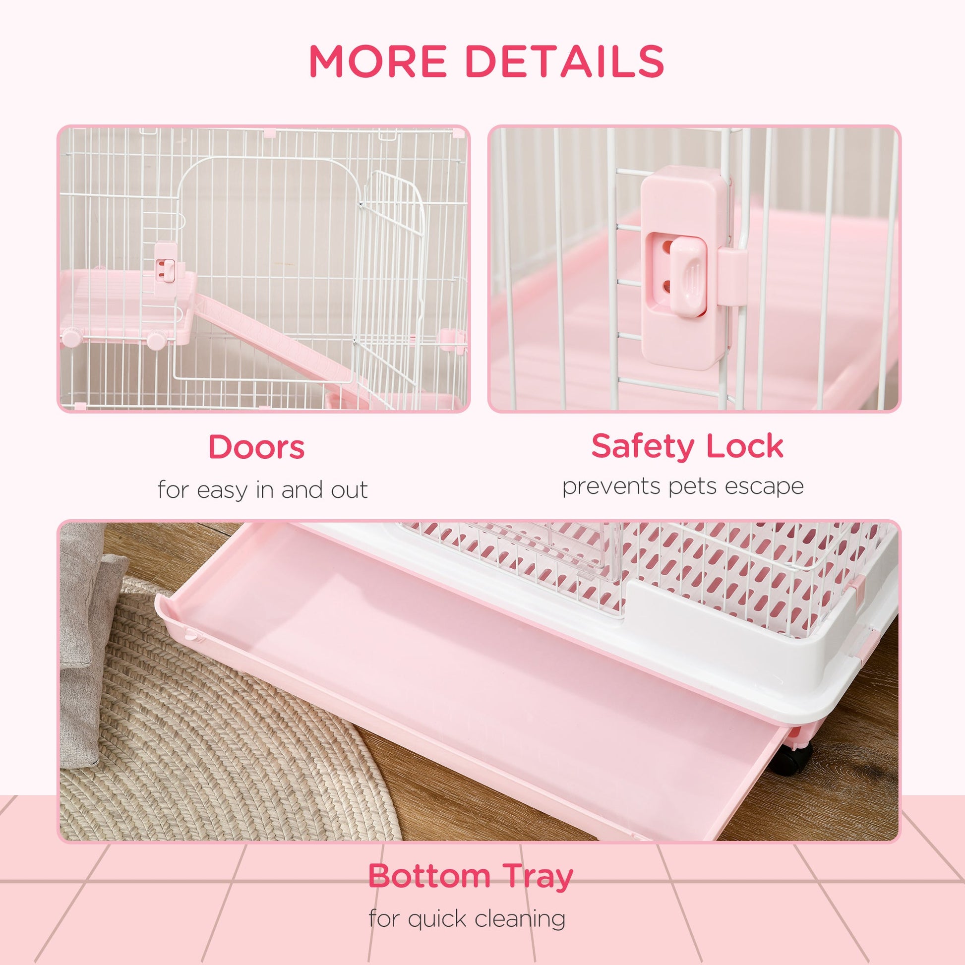 KFX-3335485 32"L 4-Level Small Animal Cage with Wheels and Slide-out Tray for Rabbits, Chinchillas, and Ferrets - Pink
