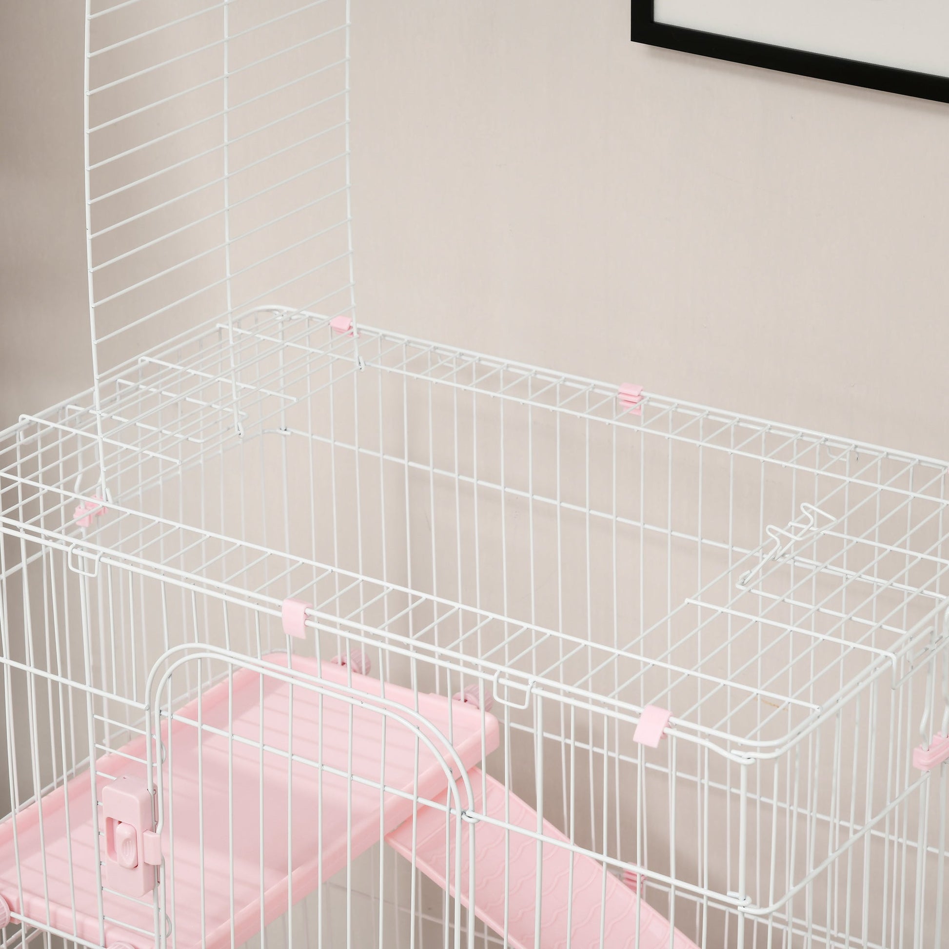 KFX-3335485 32"L 4-Level Small Animal Cage with Wheels and Slide-out Tray for Rabbits, Chinchillas, and Ferrets - Pink