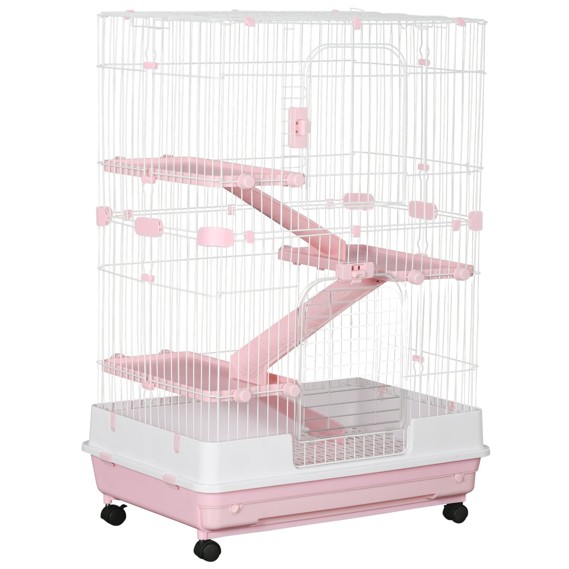 KFX-3335485 32"L 4-Level Small Animal Cage with Wheels and Slide-out Tray for Rabbits, Chinchillas, and Ferrets - Pink