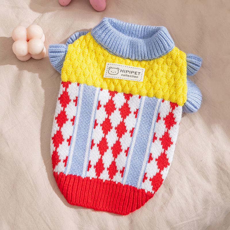 KFX-3336381 Cozy Color-Block Knitted Sweater for Cats and Small Dogs - Soft, Warm Autumn & Winter Wear