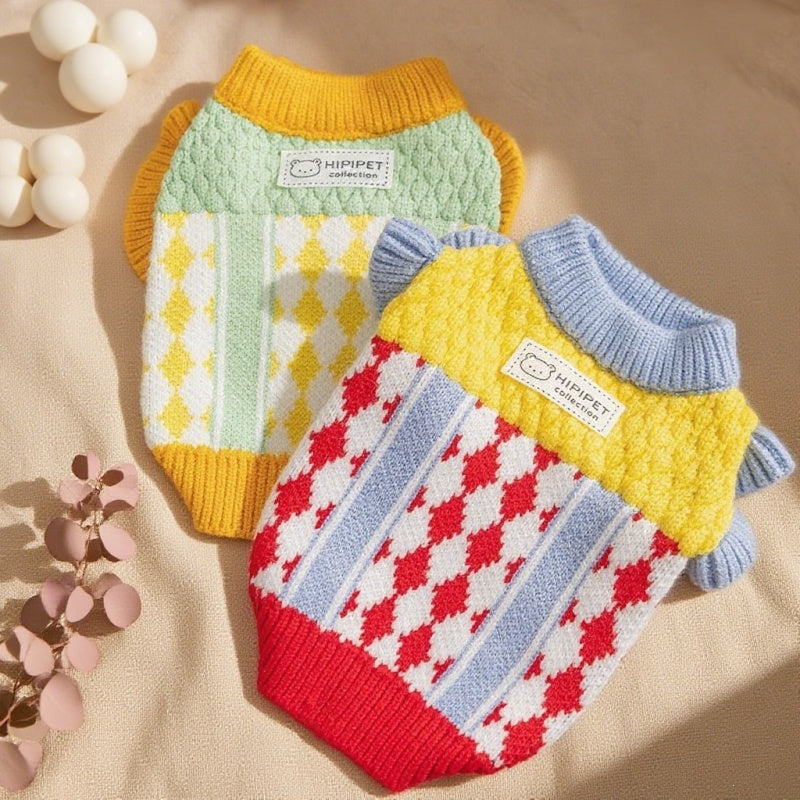 KFX-3336381 Cozy Color-Block Knitted Sweater for Cats and Small Dogs - Soft, Warm Autumn & Winter Wear