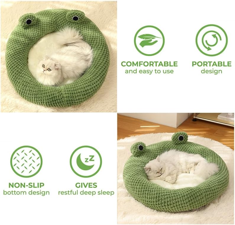 KFX-3339069 Frog-Shaped Plush Cat Bed Nest for Small Pets - Comfortable Indoor Kennel for Cats, Kittens, and Dogs