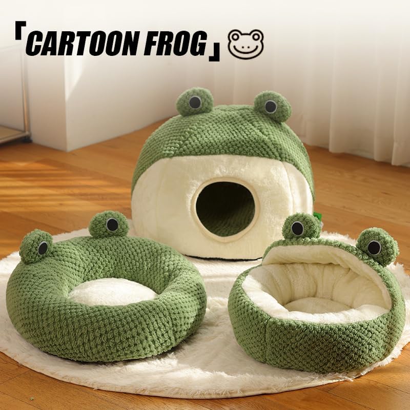 KFX-3339069 Frog-Shaped Plush Cat Bed Nest for Small Pets - Comfortable Indoor Kennel for Cats, Kittens, and Dogs