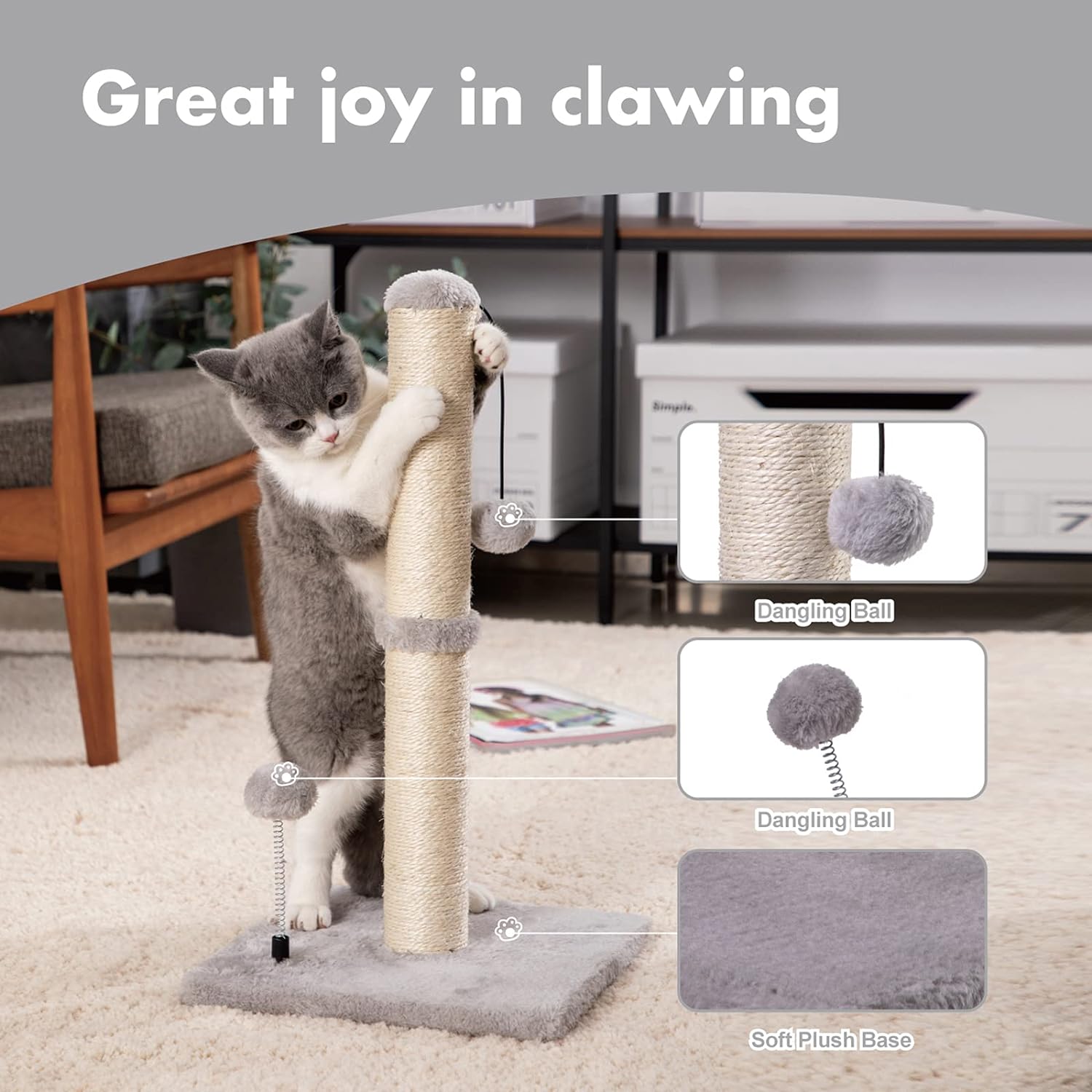 KFX-3344829 Premium Cat Scratching Post with Sisal Cover and Hanging Ball for Kittens and Small Cats
