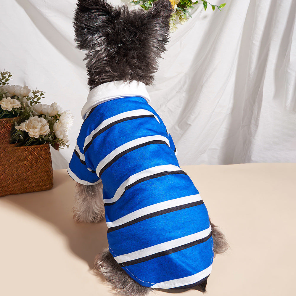 KFX-3345725 Blue and White Striped Polo Shirt for Dogs - Stylish Pet Clothing in Multiple Sizes