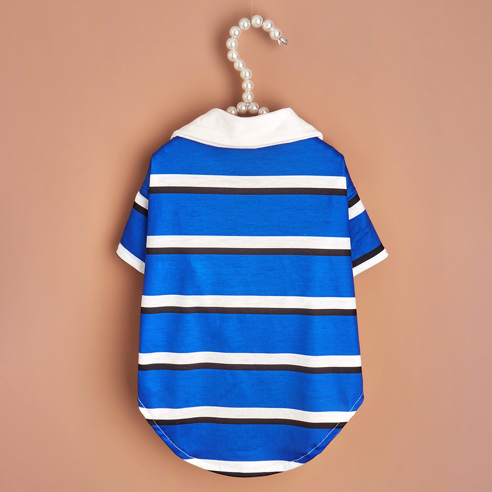 KFX-3345725 Blue and White Striped Polo Shirt for Dogs - Stylish Pet Clothing in Multiple Sizes