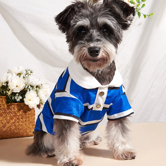 KFX-3345725 Blue and White Striped Polo Shirt for Dogs - Stylish Pet Clothing in Multiple Sizes