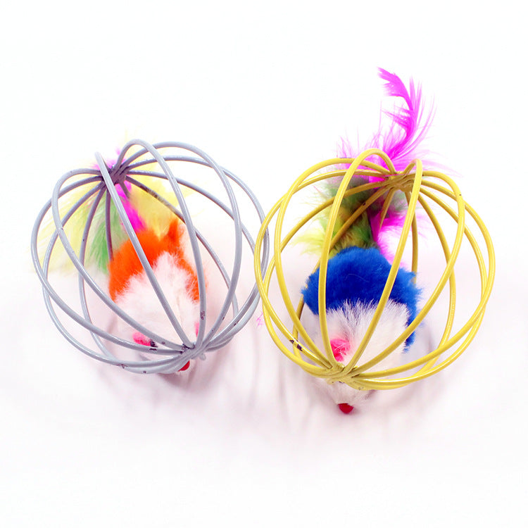 KFX-3347005 Feather-Caged Mouse Plush Cat Teaser Toy for Playful Fun