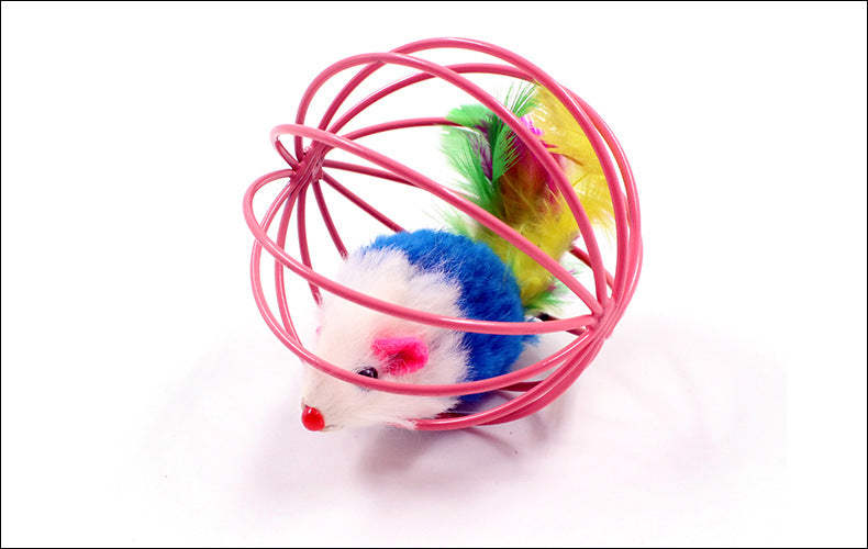 KFX-3347005 Feather-Caged Mouse Plush Cat Teaser Toy for Playful Fun