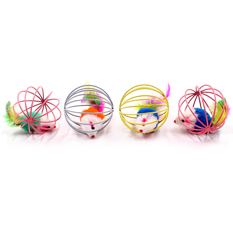 KFX-3347005 Feather-Caged Mouse Plush Cat Teaser Toy for Playful Fun