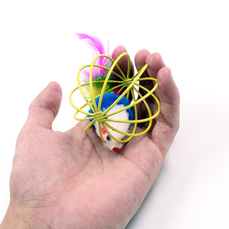 KFX-3347005 Feather-Caged Mouse Plush Cat Teaser Toy for Playful Fun