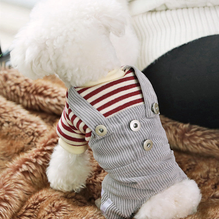 KFX-3347901 Khaki and Wine Red Striped Corduroy Four-Legged Dog Outfit for Autumn and Winter